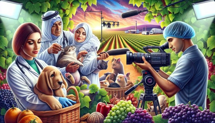 Illustration de professionnels exerçant en tant que vétérinaire, viticulteur et vidéaste, chacun dans leur domaine respectif, avec un arrière-plan vivant représentant leurs industries.
