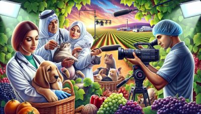 Illustration de professionnels exerçant en tant que vétérinaire, viticulteur et vidéaste, chacun dans leur domaine respectif, avec un arrière-plan vivant représentant leurs industries.